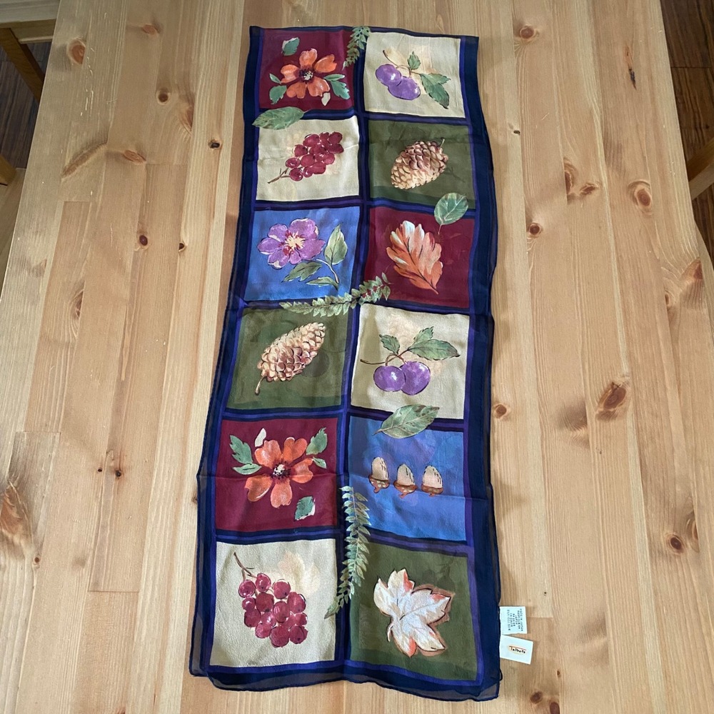 VTG Talbots Silk Scarf Harvest Grapes Pinecones Floral Multi Color Made in Japan